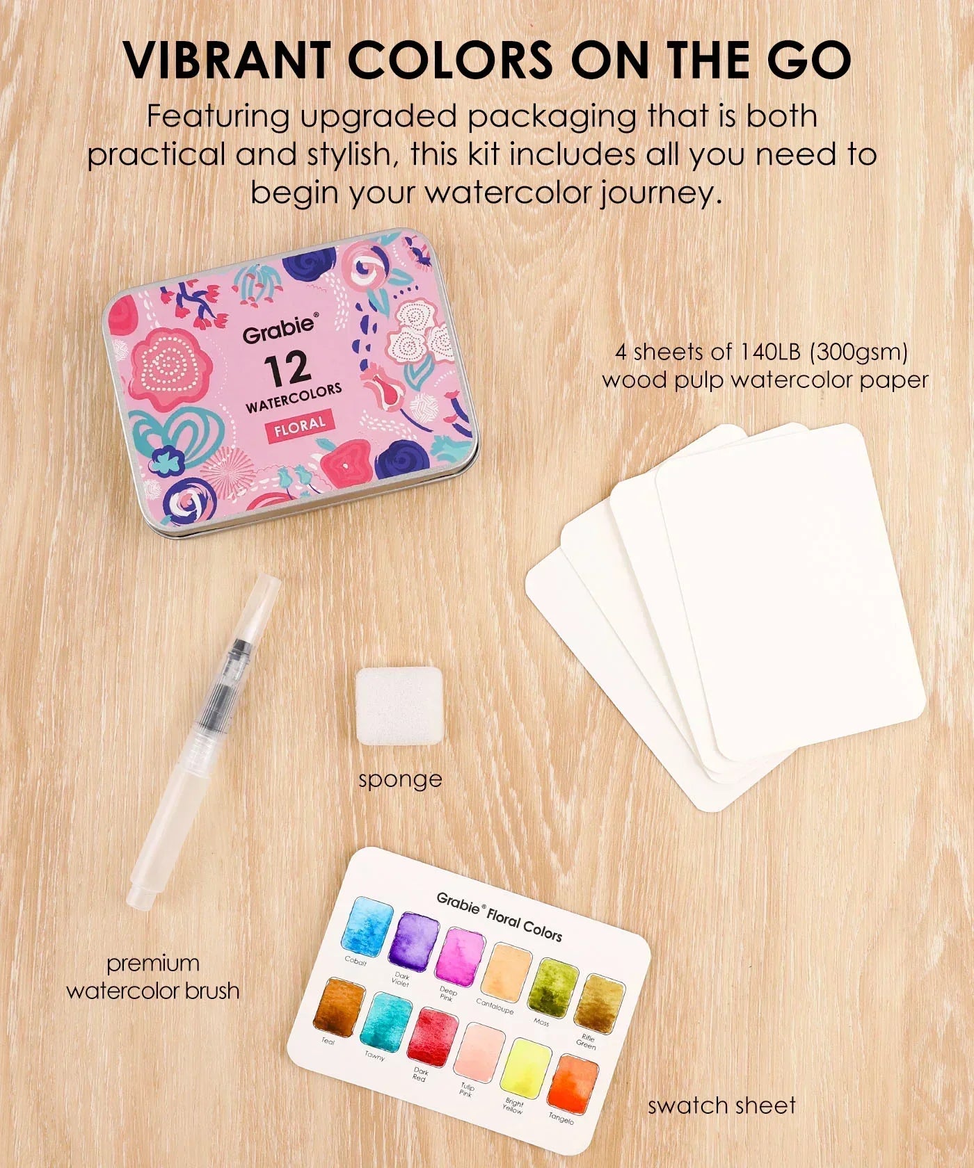 Floral-Themed Watercolor Coloring Club Box with watercolor brush, sponge, swatch sheet, and watercolor paper sheets on wood surface