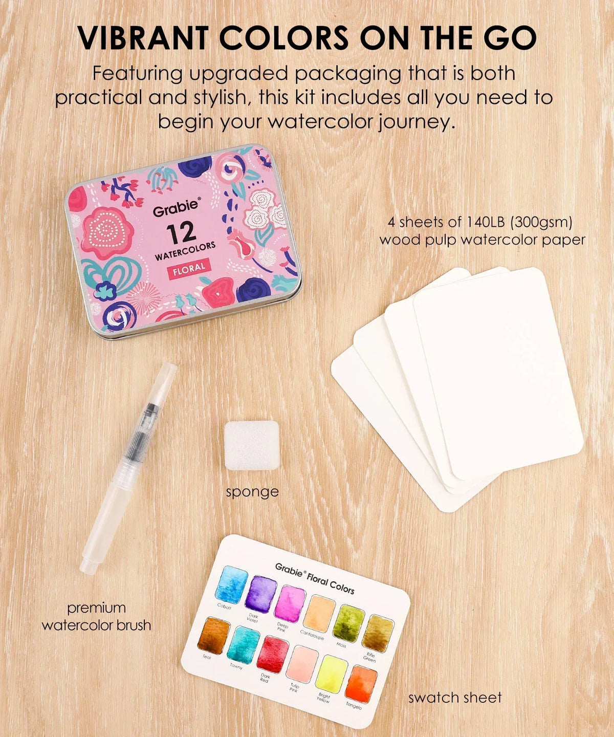 Floral-Themed Watercolor Coloring Club Box with watercolor brush, sponge, swatch sheet, and watercolor paper sheets on wood surface