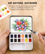 Watercolor Pocket Set Of 12 With Brush - Floral Colors portable watercolor kit with vibrant floral painting in progress