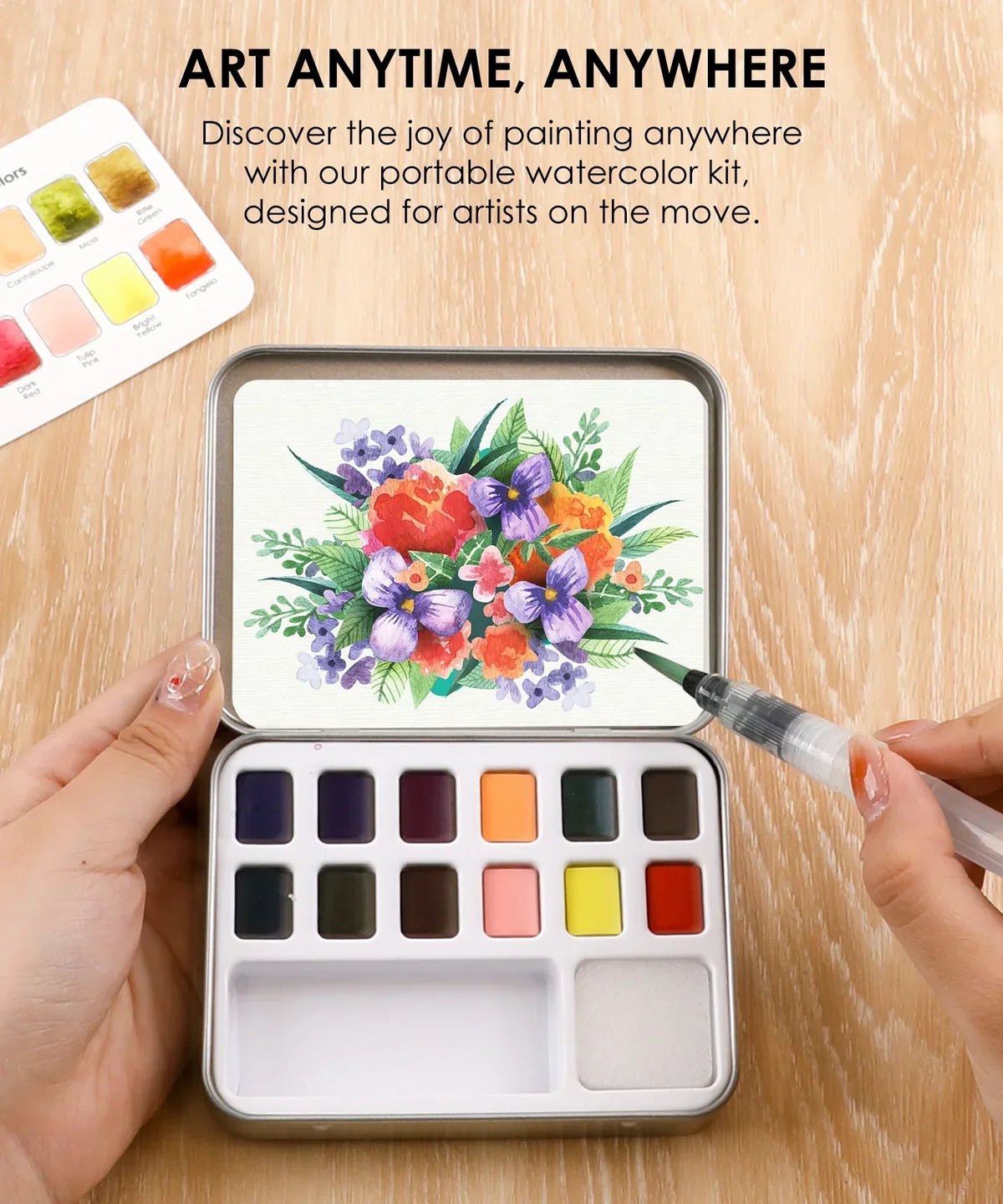 Watercolor Pocket Set Of 12 With Brush - Floral Colors portable watercolor kit with vibrant floral painting in progress