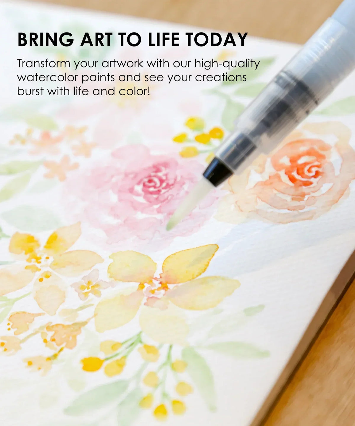 Close-up of floral watercolor painting in progress using Watercolor Pocket Set Of 12 With Brush - Floral Colors kit