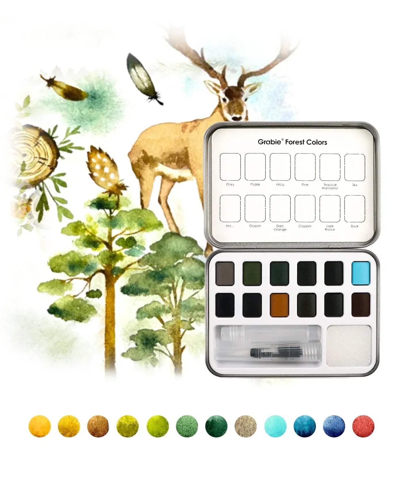 Watercolor Pocket Set Of 12 With Brush - Forest Colors featuring nature-inspired shades and a compact brush for art supplies use.