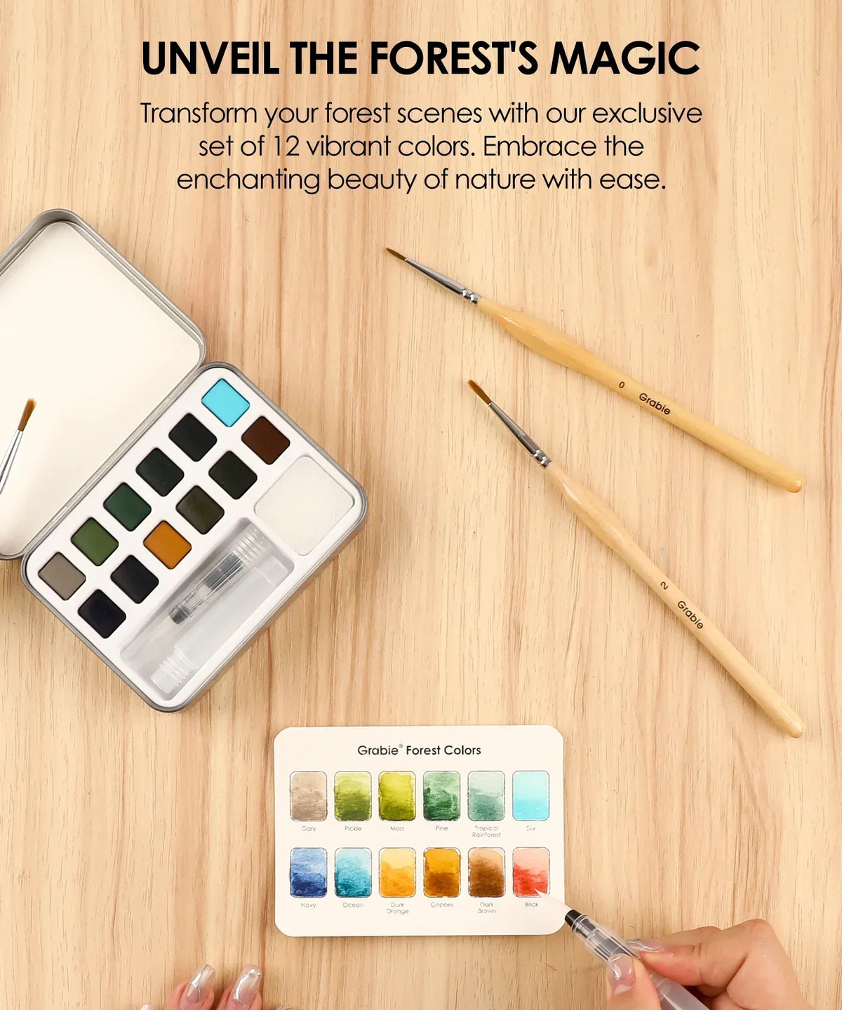 Watercolor Pocket Set Of 12 With Brush - Forest Colors featuring 12 vibrant shades with brush and color palette card on wood table