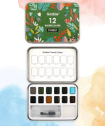Watercolor Pocket Set Of 12 With Brush - Forest Colors showing palette, brush, and tin with nature-inspired design