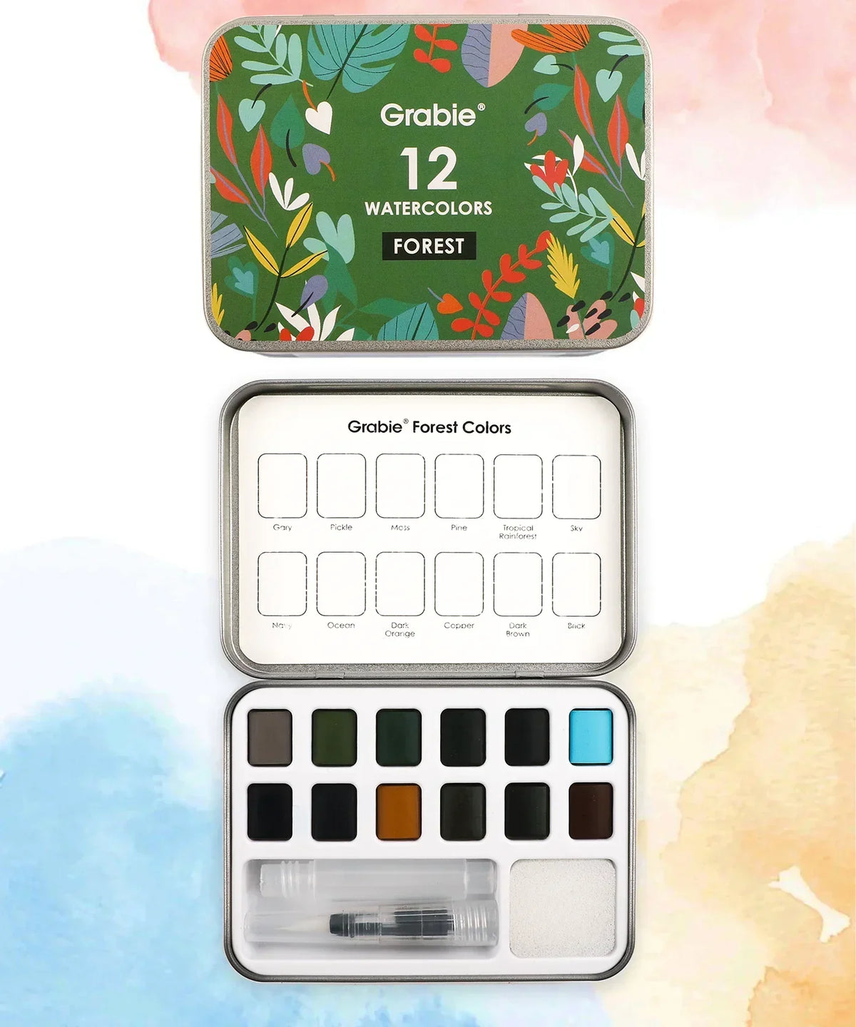 Watercolor Pocket Set Of 12 With Brush - Forest Colors showing palette, brush, and tin with nature-inspired design