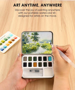 Watercolor Pocket Set Of 12 With Brush - Forest Colors portable kit with 12 vibrant forest-inspired watercolor paints and brush