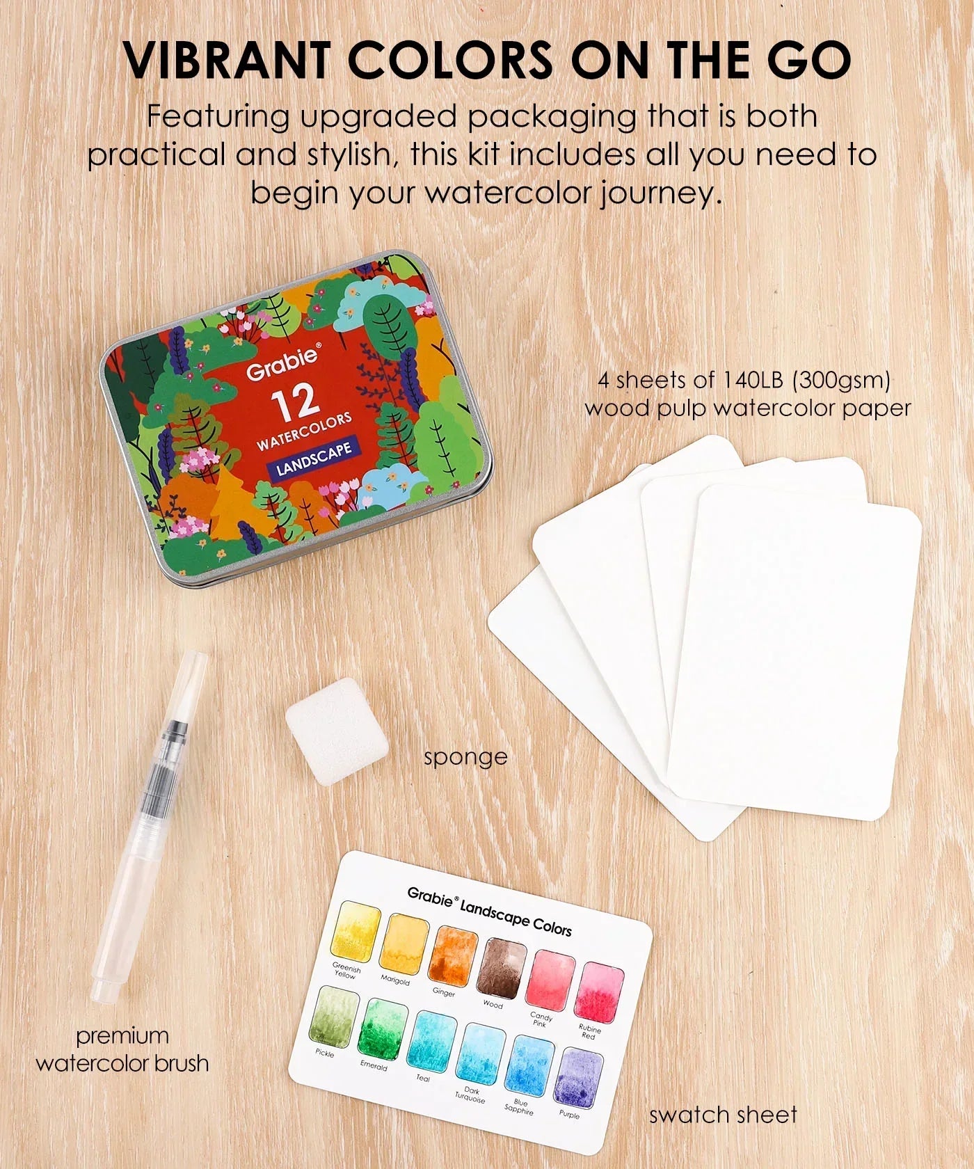 Watercolor Pocket Set Of 12 With Brush - Landscape Colors with brush, sponge, swatch sheet, and watercolor paper sheets