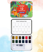 Watercolor Pocket Set Of 12 With Brush - Landscape Colors in a colorful tin with landscape-inspired paint shades and brush included