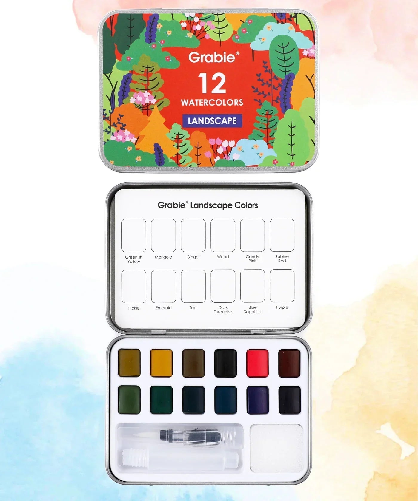 Watercolor Pocket Set Of 12 With Brush - Landscape Colors in a colorful tin with landscape-inspired paint shades and brush included