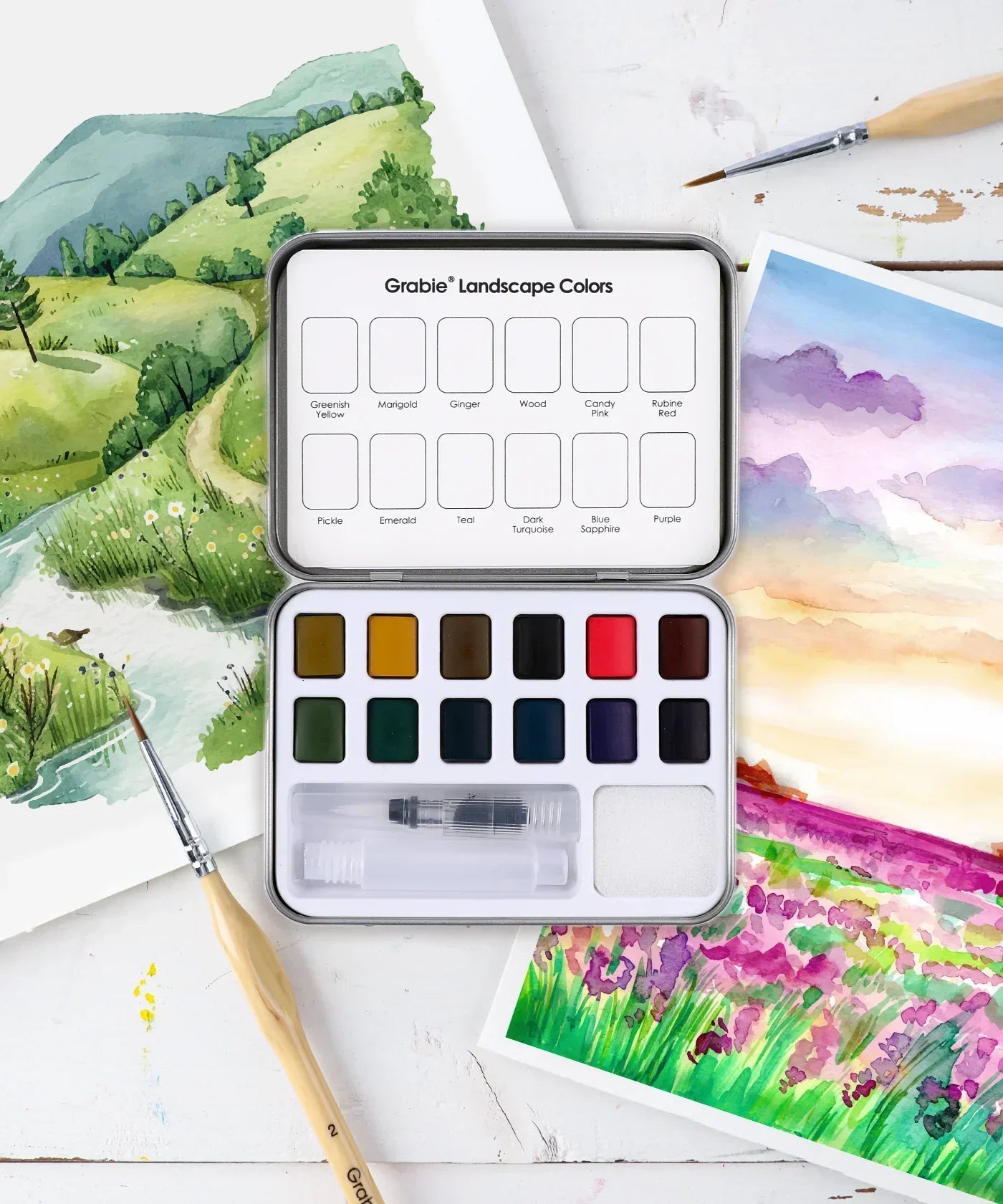 Watercolor Pocket Set Of 12 With Brush - Landscape Colors art supplies with vibrant landscape-themed paint palette and brushes