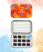Watercolor Pocket Set of 12 - Autumn Colors with labeled vibrant autumn shades in a compact metal case