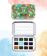 Watercolor Pocket Set of 12 - Forest Colors open tin showing 12 watercolor pans with nature-inspired shades and color guide.