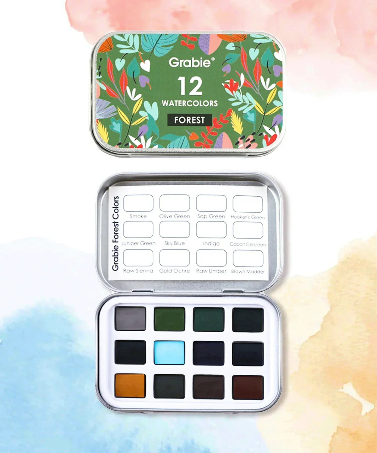 Watercolor Pocket Set of 12 - Forest Colors open tin showing 12 watercolor pans with nature-inspired shades and color guide.