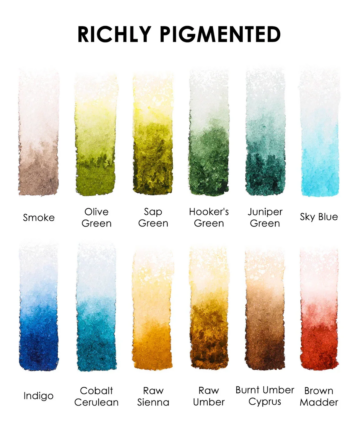 Watercolor Pocket Set of 12 - Forest Colors swatches showing richly pigmented earthy and green tones for art supplies.