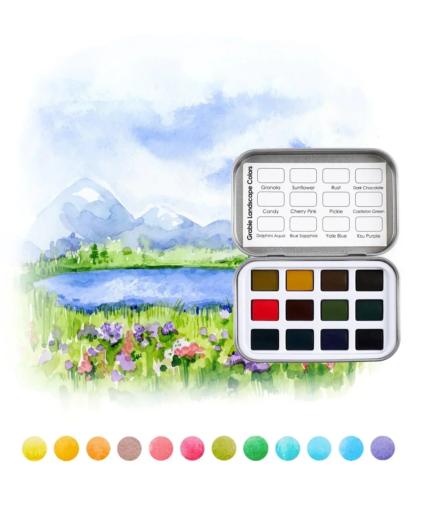 Watercolor Pocket Set of 12 - Landscape Colors with vibrant nature-inspired shades and landscape watercolor painting background