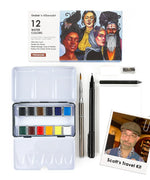 Grabie x @SSavaArt Watercolor 12 Half Pan Deluxe Travel Set with brushes, eraser, sharpener, pencil, and mixing palette