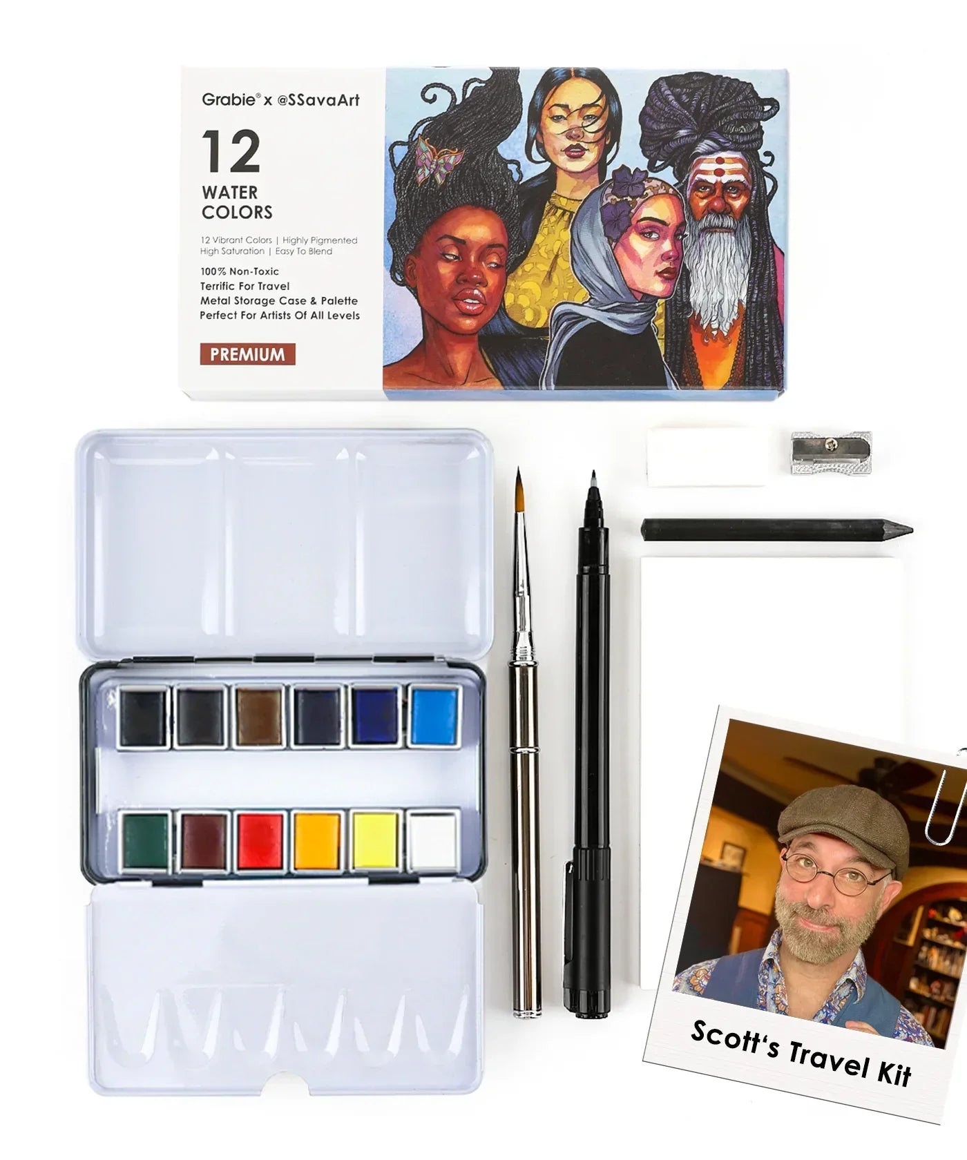 Grabie x @SSavaArt Watercolor 12 Half Pan Deluxe Travel Set with brushes, eraser, sharpener, pencil, and mixing palette