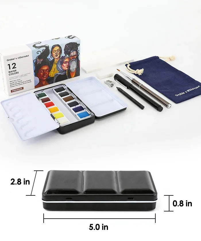 Grabie x @SSavaArt Watercolor 12 Half Pan Deluxe Travel Set with 12 vibrant watercolor pans and art supplies pouch