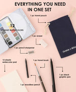 Grabie x @SSavaArt Watercolor 12 Half Pan Deluxe Travel Set with watercolors, pouch, brush, pencils, eraser, sharpener, and pad