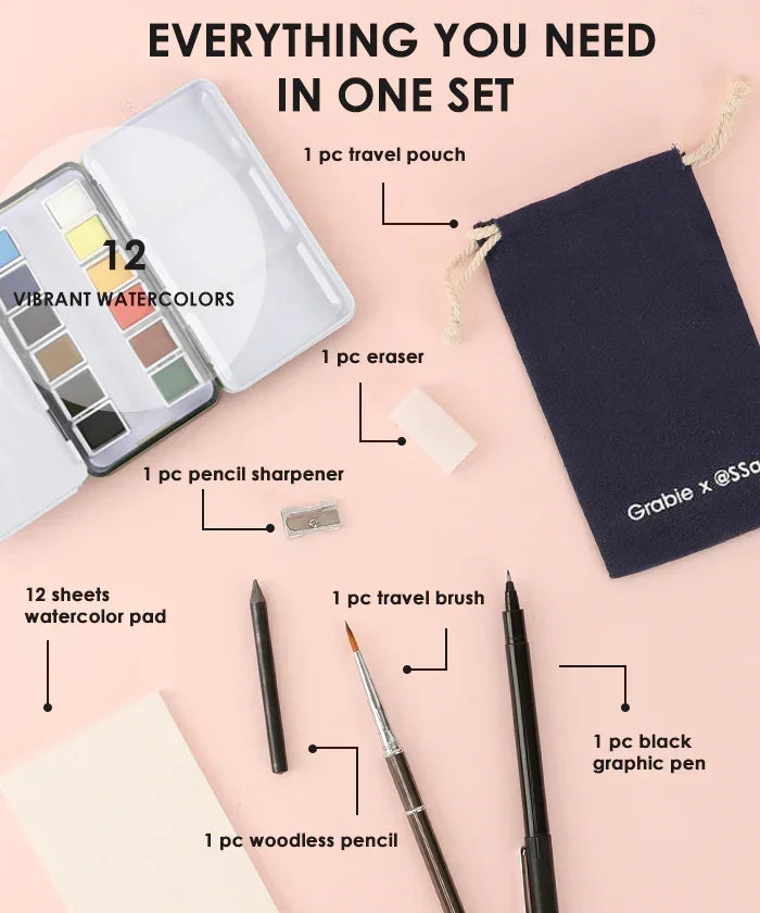 Grabie x @SSavaArt Watercolor 12 Half Pan Deluxe Travel Set with watercolors, pouch, brush, pencils, eraser, sharpener, and pad