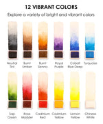 Grabie x @SSavaArt Watercolor 12 Half Pan Deluxe Travel Set showing 12 vibrant watercolor paint swatches and color names.