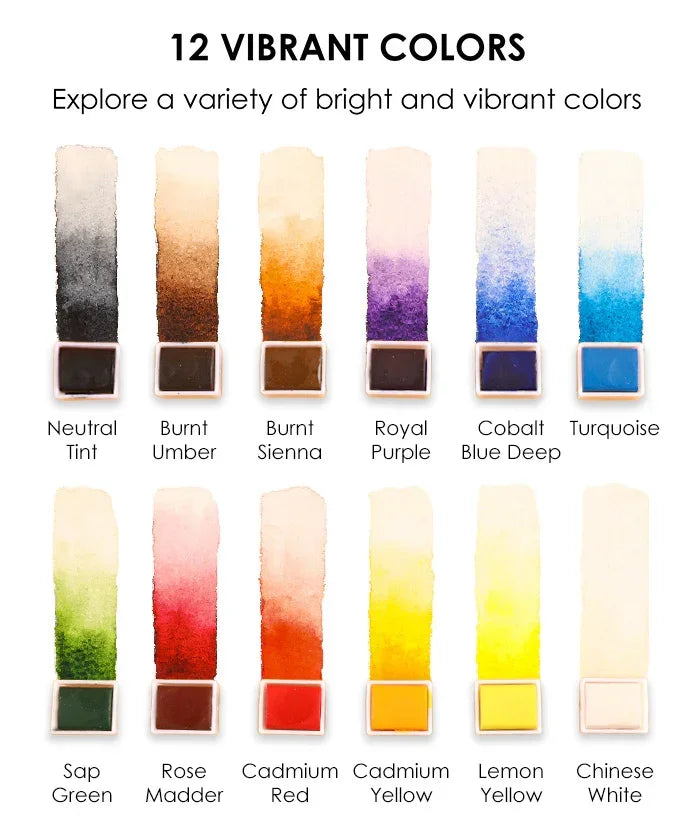 Grabie x @SSavaArt Watercolor 12 Half Pan Deluxe Travel Set showing 12 vibrant watercolor paint swatches and color names.