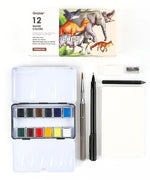 Grabie x @SSavaArt Watercolor 12 Half Pan Deluxe Travel Set with paintbrush, pen, pencil, sharpener, eraser, and sketchbook