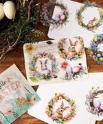 24 Pcs Grabie Exclusive Bunnies and Blooms Sticker Set featuring watercolor rabbits, flowers, and Easter eggs on cards