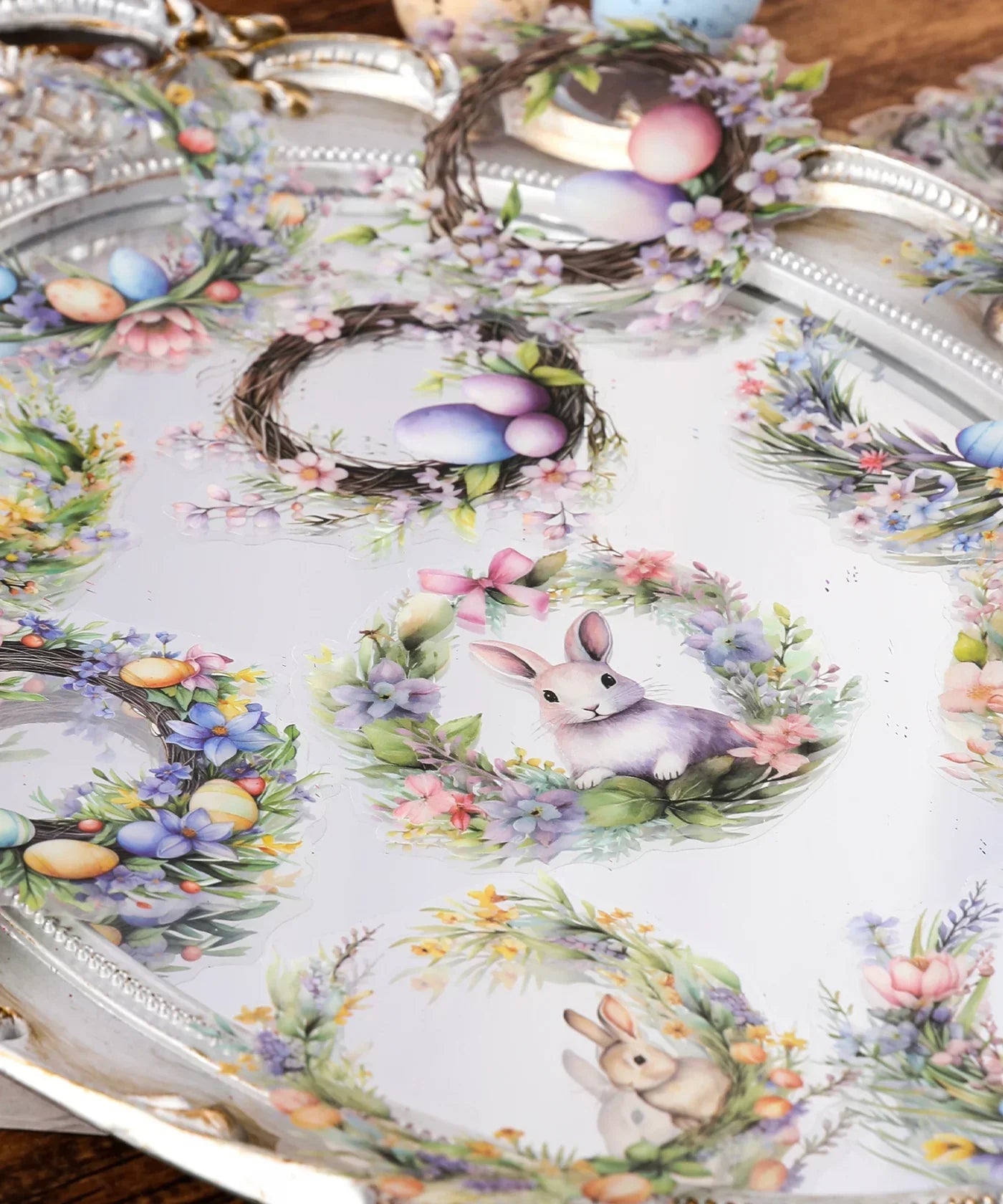 24 Pcs Grabie Exclusive Bunnies and Blooms Sticker Set featuring floral wreaths, pastel eggs, and cute bunny illustrations