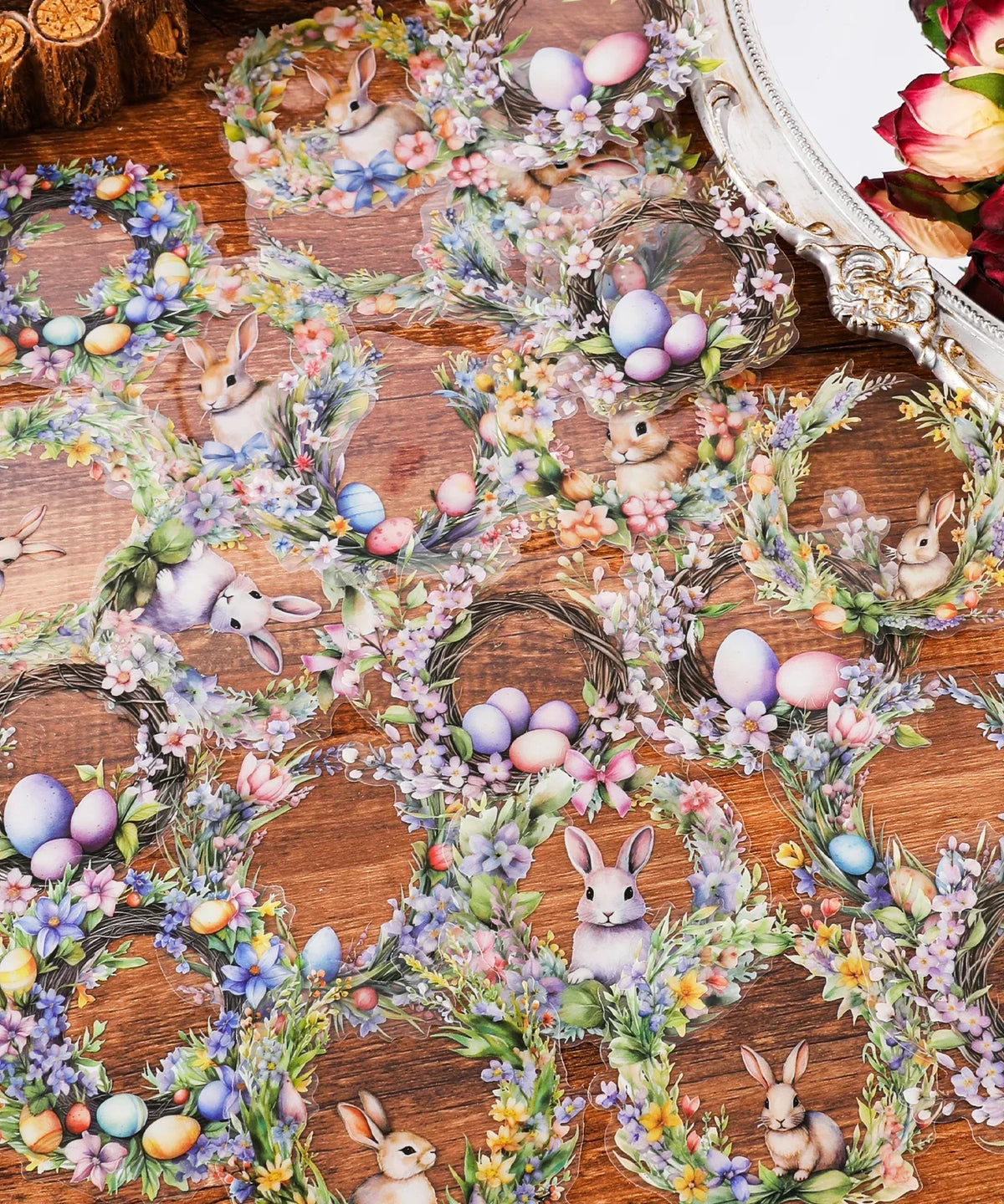 24 Pcs Grabie Exclusive Bunnies and Blooms Sticker Set featuring watercolor-style bunnies and pastel floral wreaths with eggs