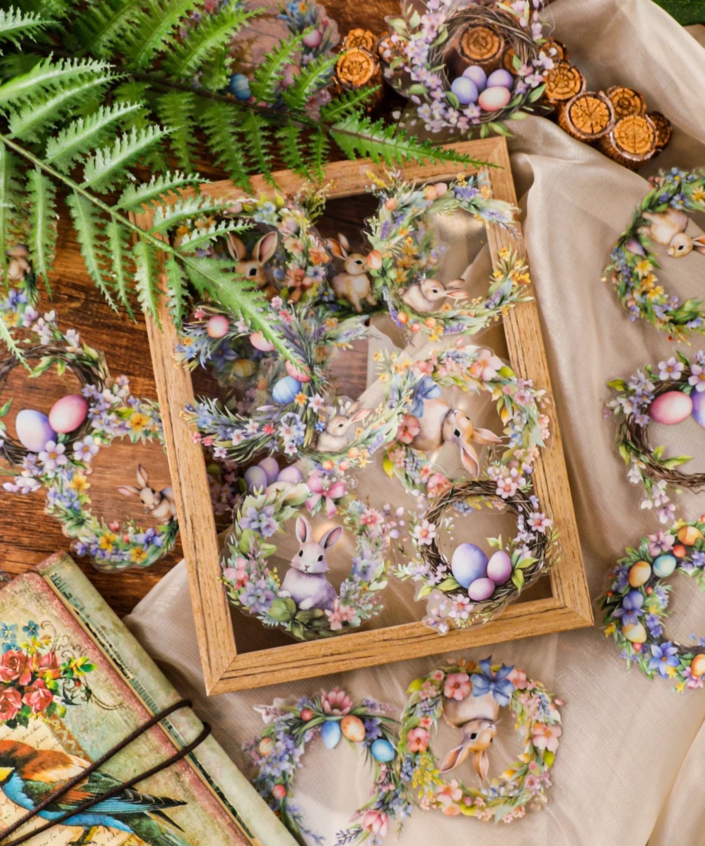 24 Pcs Grabie Exclusive Bunnies and Blooms Sticker Set featuring watercolor rabbits and floral wreaths for scrapbooking and art supplies