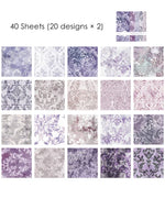 40 Sheets Dark Night Garden Material Paper Set with 20 elegant floral scrapbook designs in purple and neutral tones