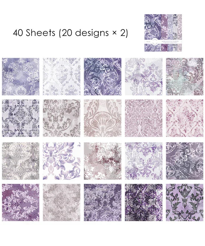 40 Sheets Dark Night Garden Material Paper Set with 20 elegant floral scrapbook designs in purple and neutral tones