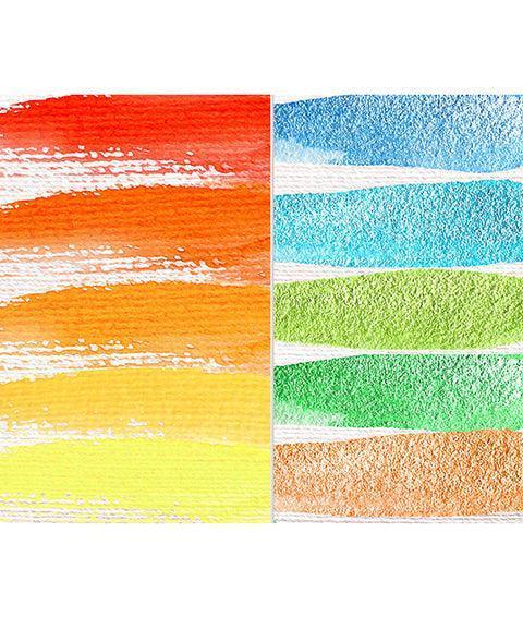 Watercolor Set Of 100 With 9 Pcs Synthetic Quill Paint Brushes showing colorful orange, yellow, blue, green, and brown paint swatches.