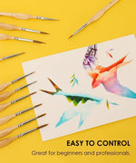 11 Pcs Miniature Detail Paint Brush Set With Natural Wood Handle arranged around watercolor painting of birds on yellow background