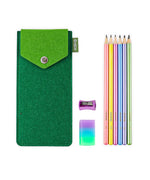 Colorful Inspirational Sketch Pencil Set with vibrant pencils, purple sharpener, multicolor eraser, and green felt case.