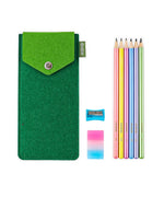 Colorful Inspirational Sketch Pencil Set with six pencils, sharpener, eraser, and green felt pouch for art supplies.