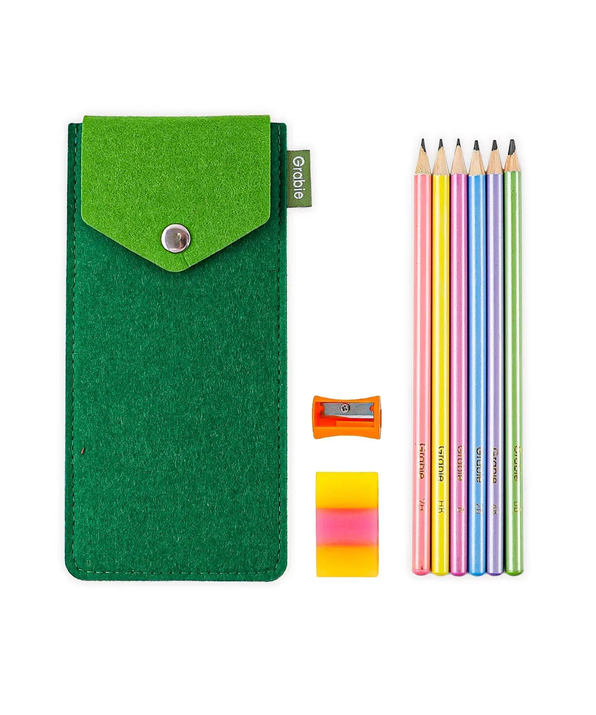 Colorful Inspirational Sketch Pencil Set with six colored pencils, green felt case, sharpener, and eraser for art supplies.