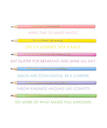 Colorful Inspirational Sketch Pencil Set with motivational quotes printed on pastel-colored pencils for creative art projects