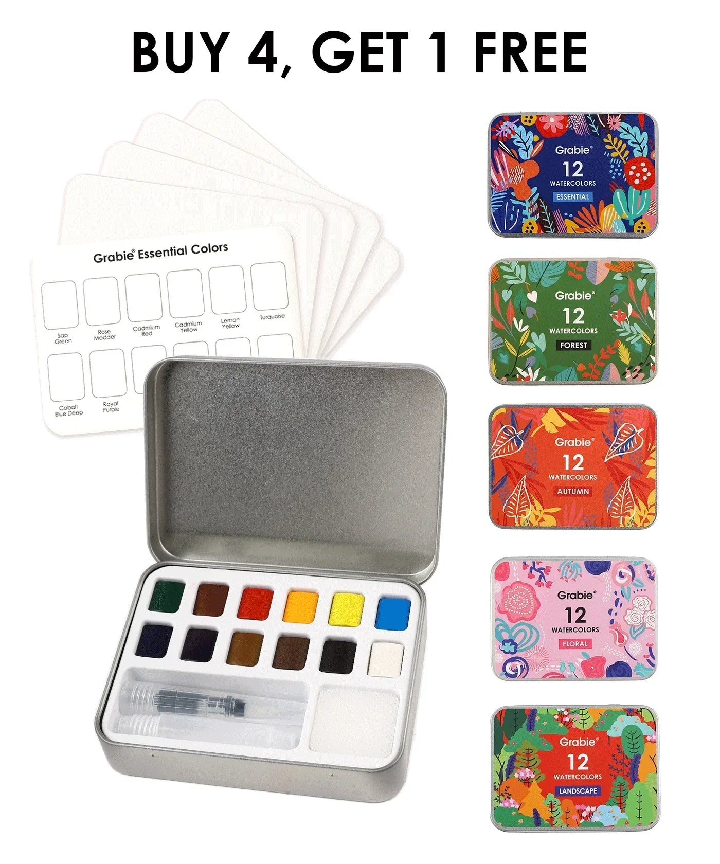 Watercolor Pocket Set Of 12 With Brush - 5 Themes Value Bundle featuring portable watercolor tins and brush for art supplies