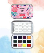 Watercolor Pocket Set of 12 - Floral Colors featuring twelve vibrant watercolor pans in a floral decorated tin case