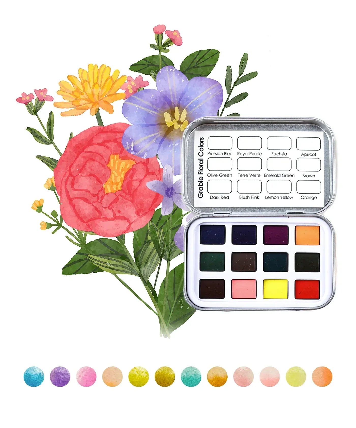 Watercolor Pocket Set of 12 - Floral Colors with vibrant paint pans and a floral watercolor painting background