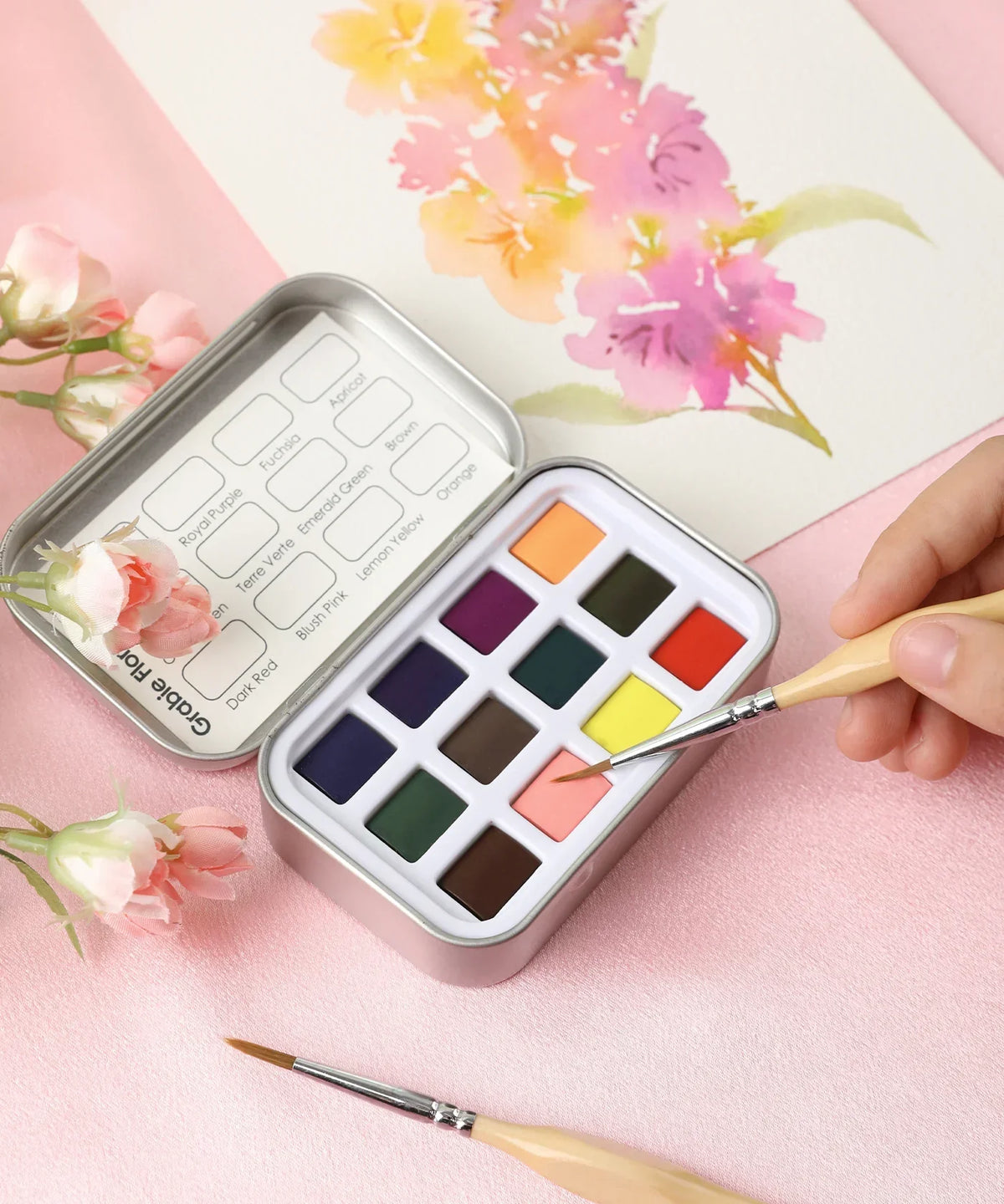 Watercolor Pocket Set of 12 - Floral Colors with brush and floral painting on pink background