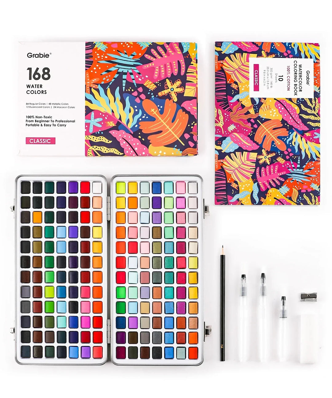 Watercolor Set Of 168 With Coloring Book featuring vibrant paints, water brushes, pencil, and sharpener in a portable case