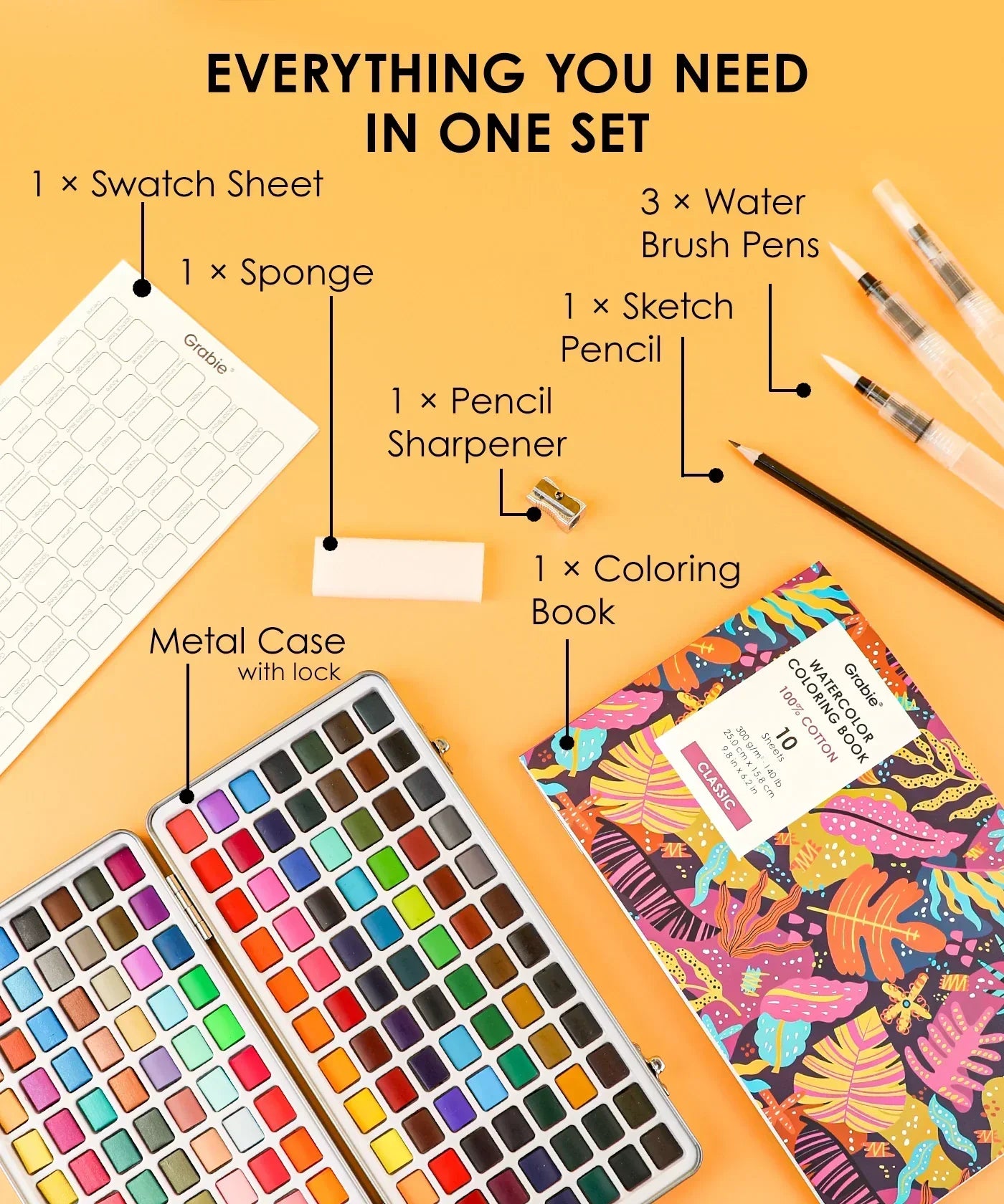 Watercolor Set Of 168 With Coloring Book including paints in metal case, coloring book, brushes, pencil, sharpener, sponge, and swatch sheet
