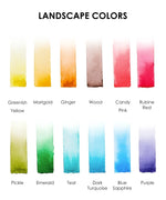 Color swatches labeled with names in soft watercolor tones for the Landscape-Themed Watercolor Coloring Club Box art supplies.