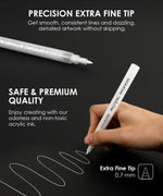 White Extra Fine Tip Acrylic Paint Marker Set Of 6 showing extra fine tip drawing smooth consistent lines on black surface
