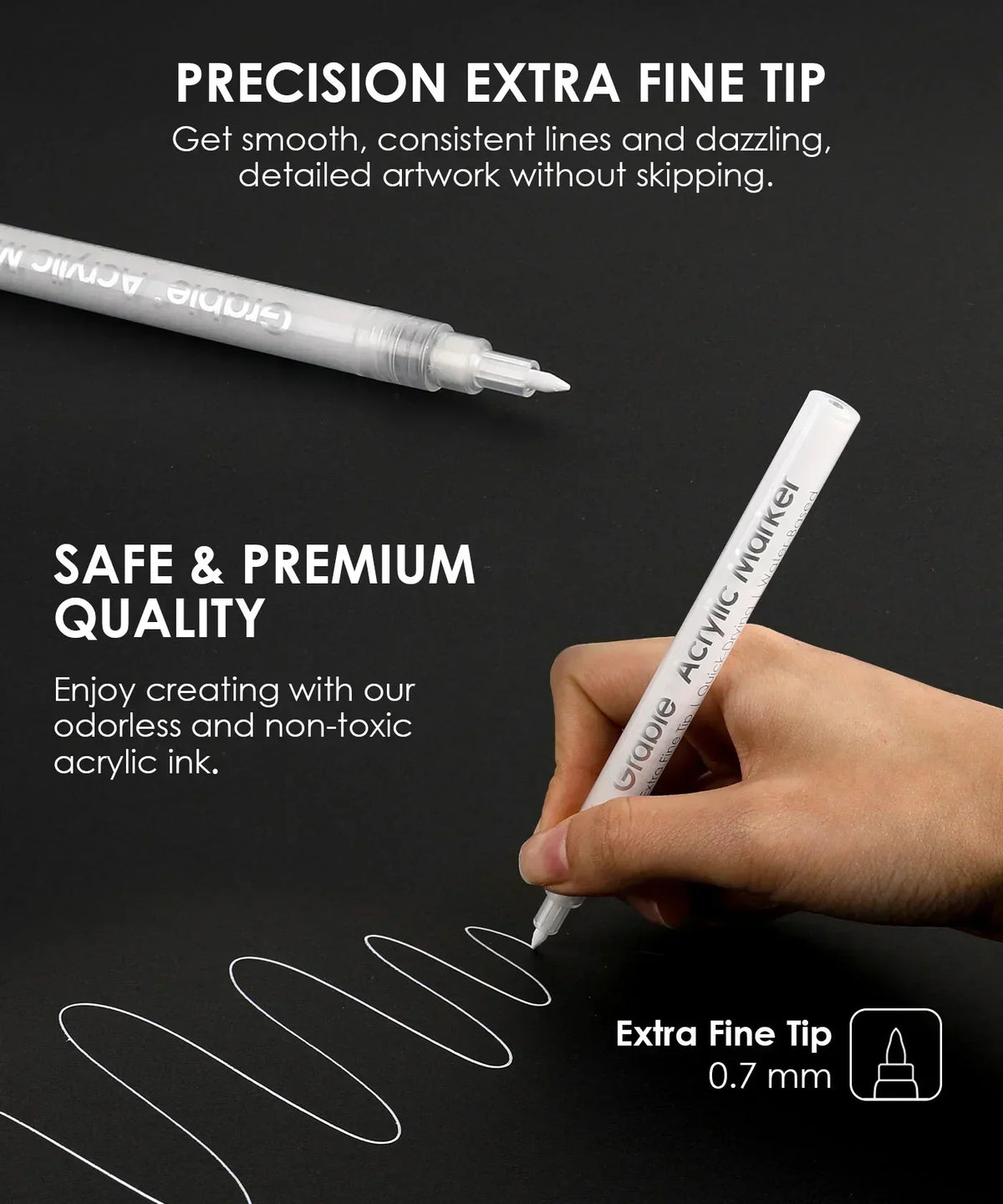 White Extra Fine Tip Acrylic Paint Marker Set Of 6 showing extra fine tip drawing smooth consistent lines on black surface