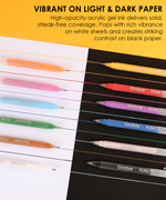 Twelve Peanuts acrylic gel pens displaying vibrant opaque ink coverage on both white and black paper.