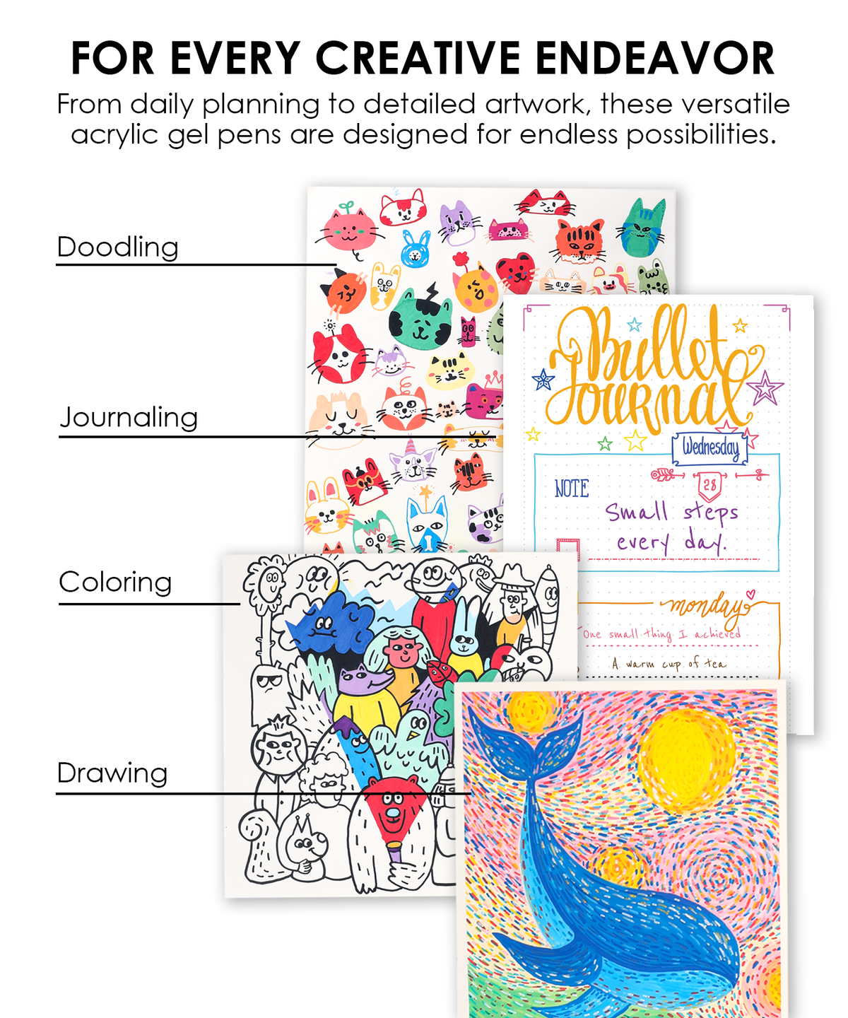 Four creative uses for Peanuts acrylic gel pens including doodling, bullet journaling, coloring, and drawing.